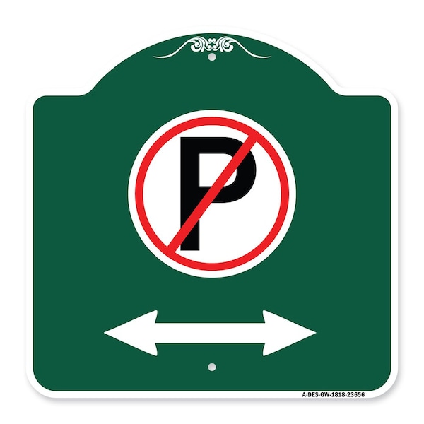 No Parking W/ Bidirectional Arrow, Green & White Aluminum Sign, 18" x 18", GW-1818-23656